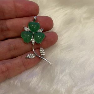 Closeout! 925 Sterling Silver Green Jade Clover 3-Leaf CZ Pendant